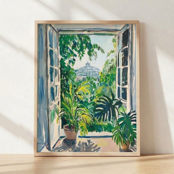 Framed impressionist poster of a sunlit conservatory window with lush green plants and terracotta pots, rendered in soft cream, forest green, and sky blue tones, creating a serene and inviting botanical scene.