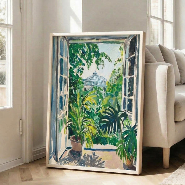 Mid-century modern art print depicting an open window view into a peaceful greenhouse filled with potted plants, featuring a calming palette of yellow-green, cream, and blue hues.