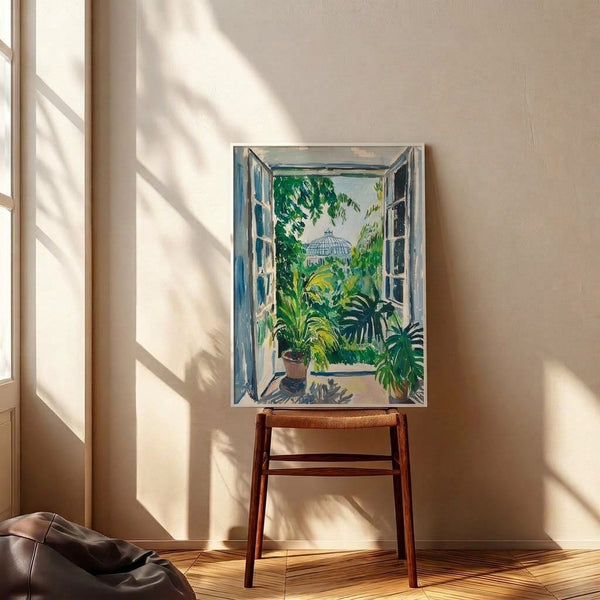 Serene framed botanical illustration showing a conservatory window surrounded by verdant foliage and terracotta planters, blending impressionist style with mid-century modern aesthetics in soft cream and forest green.