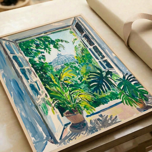 Tranquil art print of a building's conservatory window framed by flourishing plants and natural light, combining modern impressionist brushwork with a peaceful palette of sky blue, green, and warm terracotta accents.