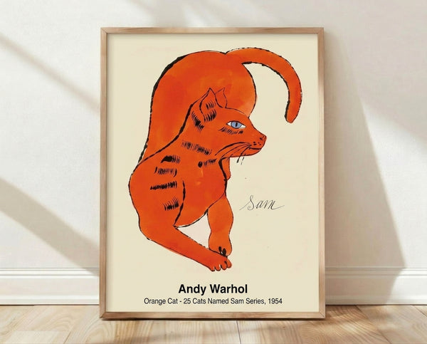 Vibrant pop art poster featuring an orange cat with bold black outlines and bright accent colors in the style of Andy Warhol's iconic cat series.
