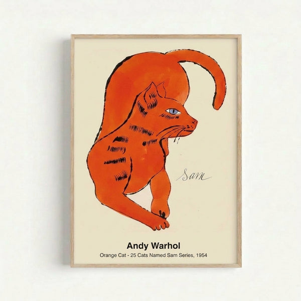 Playful modern art print of an orange tabby cat rendered in pop art style with striking color blocking and graphic black lines on a white background.
