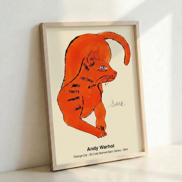 Orange cat portrait in Andy Warhol-inspired pop art, displayed as a framed poster with vivid colors and a contemporary, vibrant aesthetic.