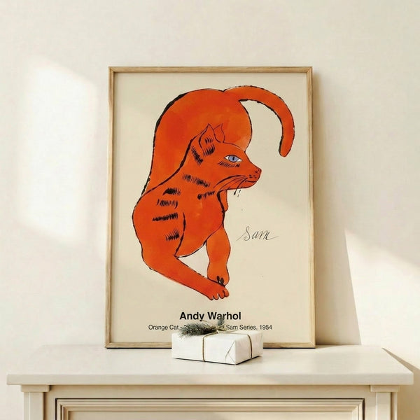 Bold pop art cat poster featuring a bright orange feline with graphic design elements and cheerful color accents in the Warhol style.