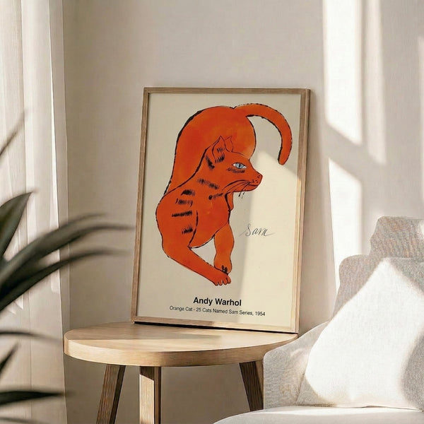 Contemporary pop art poster of a bold orange cat with expressive black outlines and bright accent colors, inspired by Warhol's famous cat series.