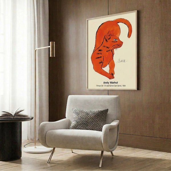 Playful orange cat art print in vibrant pop art style, featuring graphic elements and eye-catching colors perfect for modern wall decor.