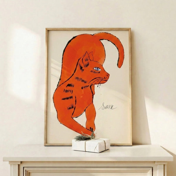 Modern pop art poster of an orange cat with vibrant, eye-catching colors and simplified forms typical of contemporary art movements, hung on a wall.
