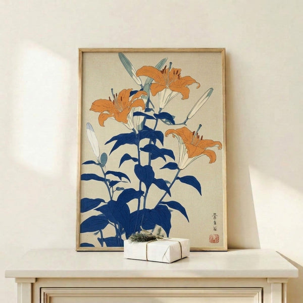 Refined woodblock-style lily flower print with rust brown and orange blooms against deep navy, featuring naturalistic green foliage in elegant Japanese aesthetic.