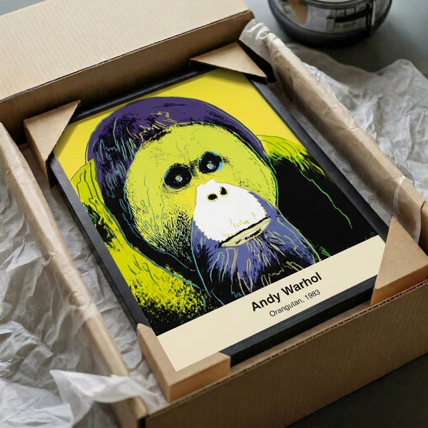 Modern wildlife art poster celebrating an orangutan through bold pop art colors including hot pink, magenta, and bright green.