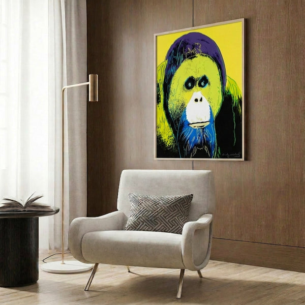 Colorful orangutan head study in bold pop art technique featuring contrasting hues of magenta, chartreuse, and cobalt blue.