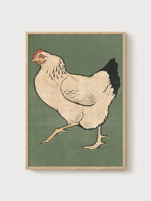 Japanese Chicken Print poster in oak frame