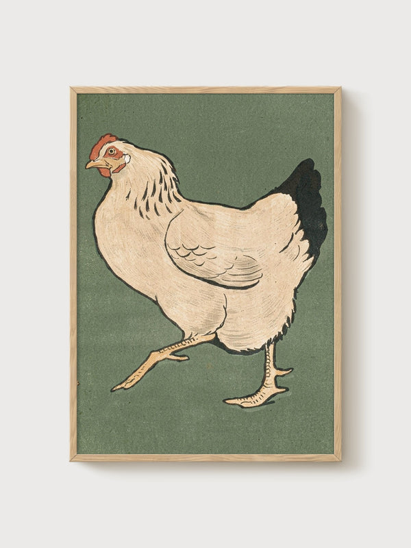 Japanese Chicken Print poster in oak frame