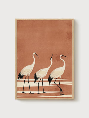 Japanese Crane Print poster in oak frame