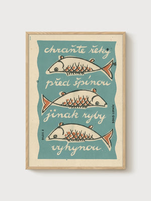 Vintage Fish Print poster in oak frame