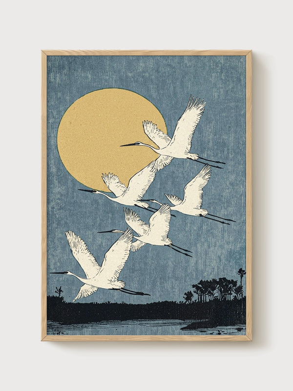 Japanese Crane Print poster in oak frame
