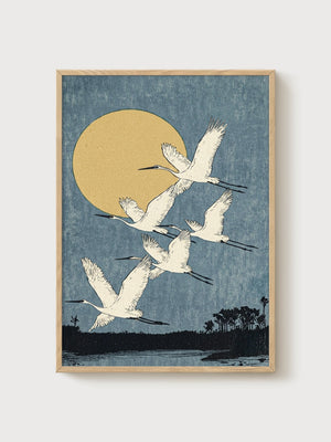 Japanese Crane Print poster in oak frame