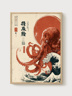 Octopus Great Wave Print poster in oak frame