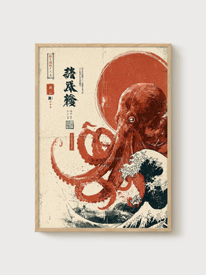 Octopus Great Wave Print poster in oak frame
