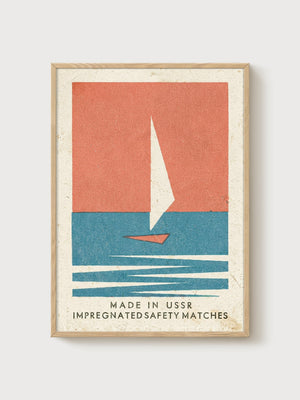 Vintage Soviet Matchbox Print poster in oak frame