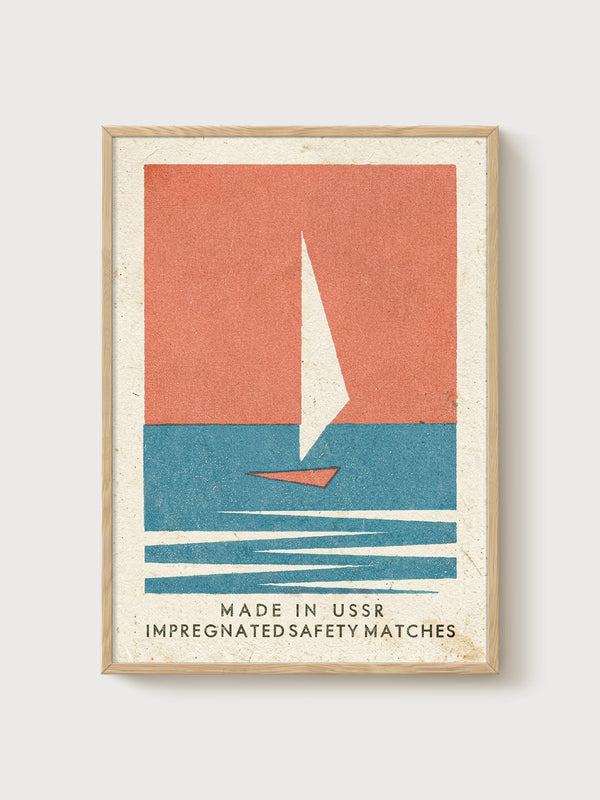 Vintage Soviet Matchbox Print poster in oak frame