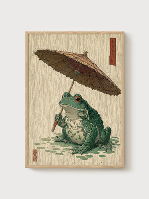 Japanese Frog Print poster in oak frame