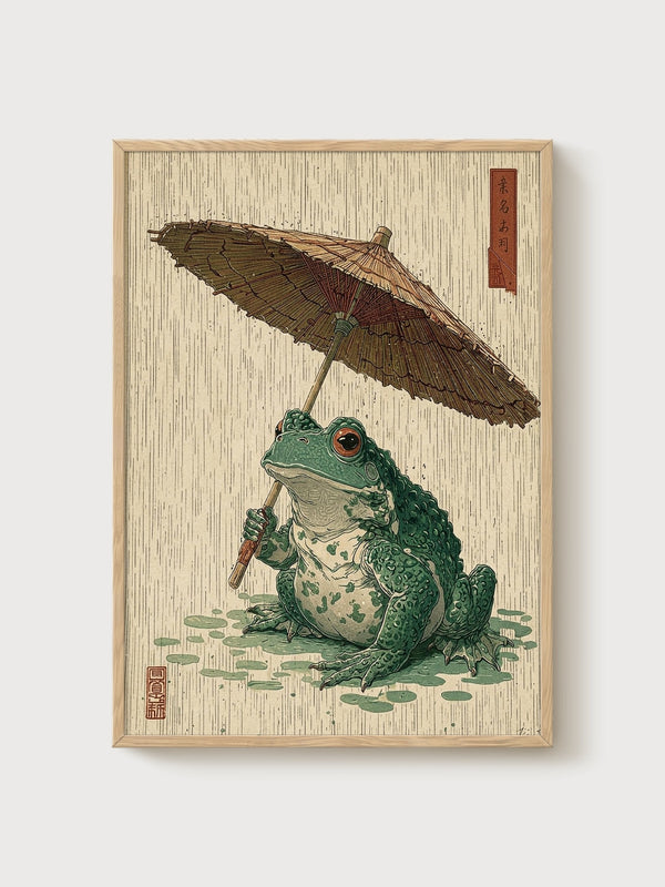 Japanese Frog Print poster in oak frame