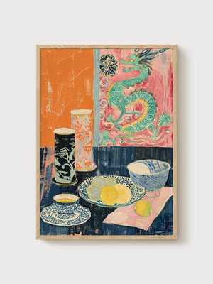 Vintage Chinese Dragon Print poster in oak frame