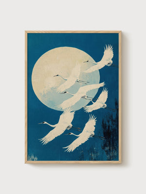 Japanese Crane Art Print poster in oak frame