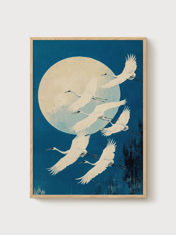 Japanese Crane Art Print poster in oak frame