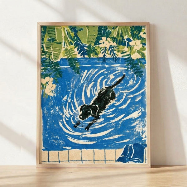 Serene Japanese woodblock-style print of an otter swimming in deep blue water surrounded by forest green foliage and pale yellow plants, framed on a wall.