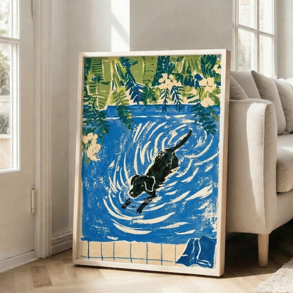 Vintage-inspired art print featuring a peaceful otter in a river landscape with botanical elements in deep blue, cream, and forest green tones, displayed as wall decor.