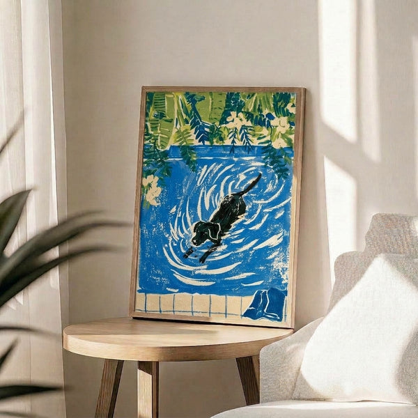 Naturalistic framed poster in Japanese woodblock style showing an otter swimming among water plants and fence details in calming deep blue and green hues.