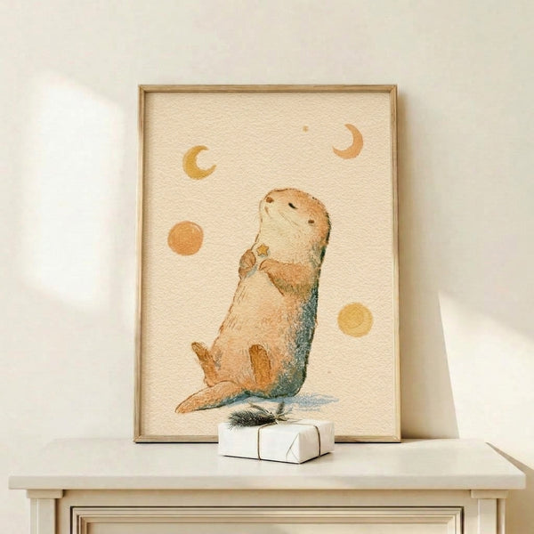Framed watercolor art print featuring a peaceful otter under a moonlit sky with stars, painted in warm ochre and soft blues creating a hopeful, dreamy boho aesthetic.