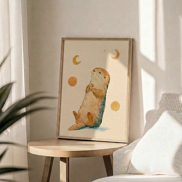 Whimsical watercolor poster of an otter looking up at a glowing moon surrounded by stars, done in gentle cream and gold hues with soft blue highlights in a cottagecore style.