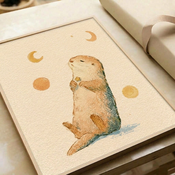 Serene watercolor wall art depicting an otter beneath a luminous moon and twinkling stars, blending warm ochre and tan with peaceful blue tones in a dreamy boho composition.