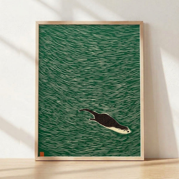 Minimalist Japanese woodblock-style framed poster of an otter swimming through forest green water with black line work and cream background, evoking serene natural contemplation.