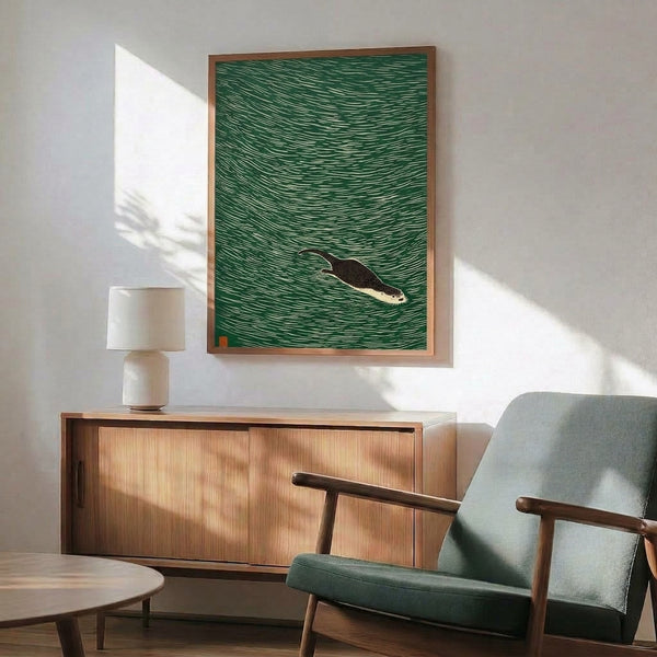 Contemplative framed poster of a swimming otter inspired by Japanese woodblock prints, combining minimalist aesthetic with organic water forms in restful green and earth tones.