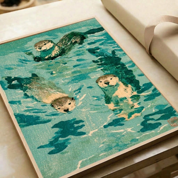 Vintage-style Japanese woodblock poster displaying three otters with seaweed and fish in a whimsical composition, showcasing calming earth tones of cream, dark green, and teal.