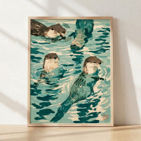 Framed Japanese woodblock print featuring playful otters swimming through teal water among kelp and fish, rendered in traditional ukiyo-e style with cream, dark green, and brown tones.