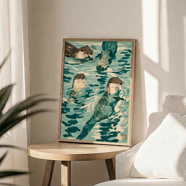 Vintage-style woodblock art print depicting peaceful otters in motion through kelp forests and flowing teal water, inspired by classical Japanese printmaking techniques.