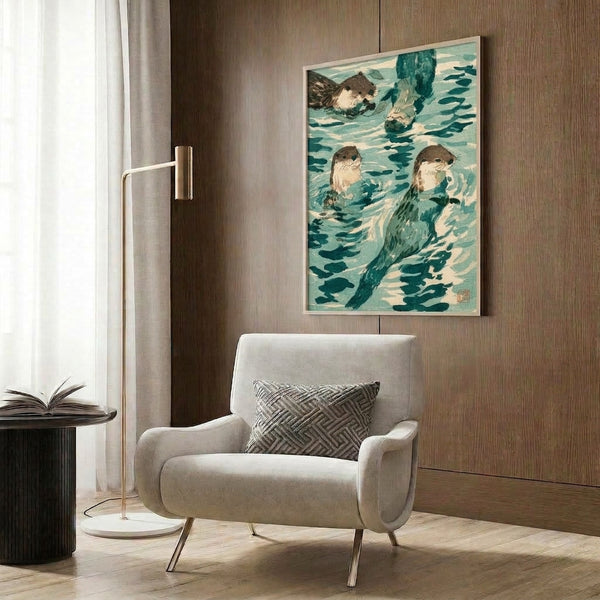 Traditional ukiyo-e inspired woodblock print of otters swimming gracefully through kelp beds in earthy greens and creams against tranquil teal water.