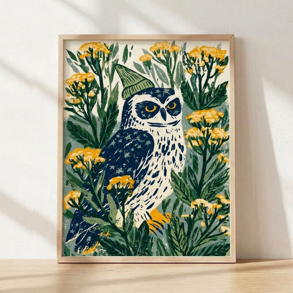 Whimsical folk art framed poster featuring a navy blue owl wearing a cozy knit hat, surrounded by golden yellow and forest green wildflowers in minimalist line art style on cream background.