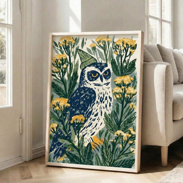 Serene botanical wall art print with a gentle owl in a knitted hat nestled among delicate wildflower linework in navy, gold, and forest green tones on soft cream.