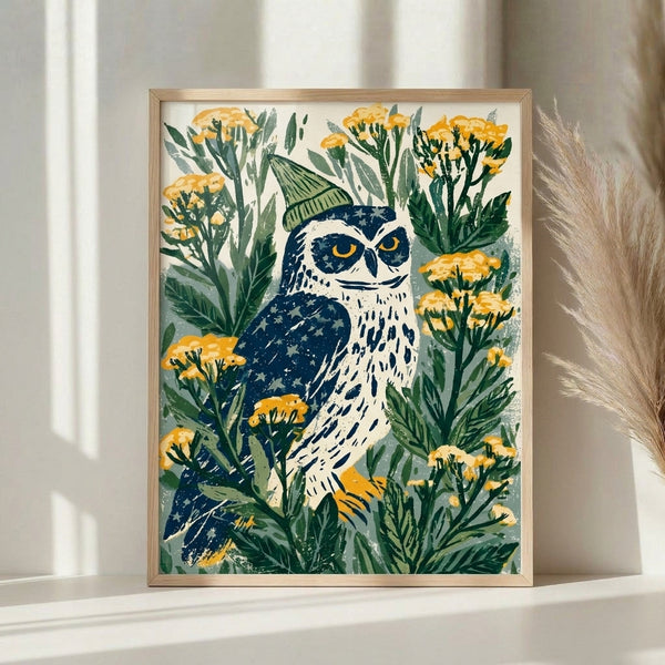 Folk art owl illustration in a warm knit hat amid flowing wildflower stems rendered in minimalist lines, using navy blue, golden accents, and forest green against cream, framed on wall.