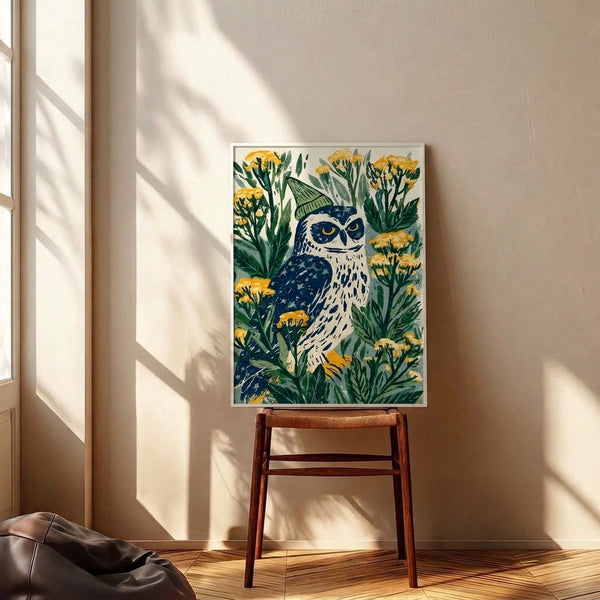 Charming line art poster of an owl wearing a knit cap surrounded by botanical wildflowers in navy, gray-blue, and golden yellow on cream background, displaying whimsical folk art aesthetic.