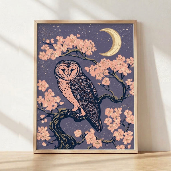 Serene line art poster of an owl perched on a cherry blossom branch beneath a luminous moon, rendered in dusty purple, soft pink, cream, and gold tones with Art Nouveau and Japandi influences.