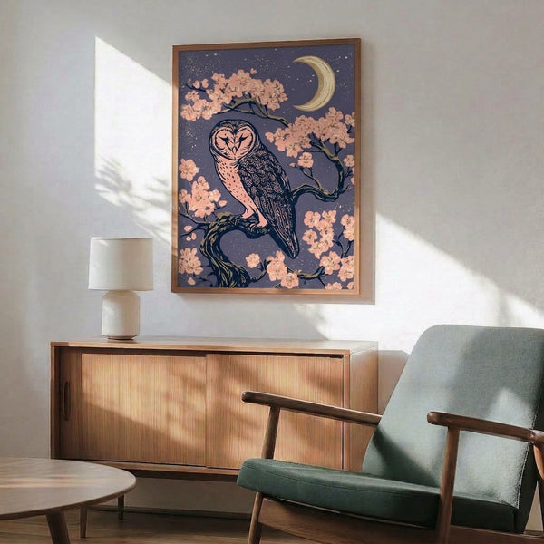 Minimalist line art wall poster depicting a starlit owl under a cherry blossom moon in muted tones of purple, pink, cream, and navy, blending Art Nouveau elegance with Japandi simplicity.