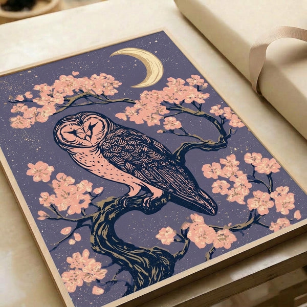 Whimsical framed art print showing an owl on a flowering branch gazing at a moon-lit sky, illustrated in soft pastels and gold accents with serene, contemplative mood and modern decorative line work.