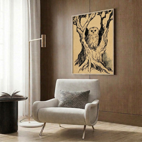 Black ink line art print of a tawny owl nestled in the branches of a weathered ancient tree on cream paper, evoking contemplative folklore aesthetics.