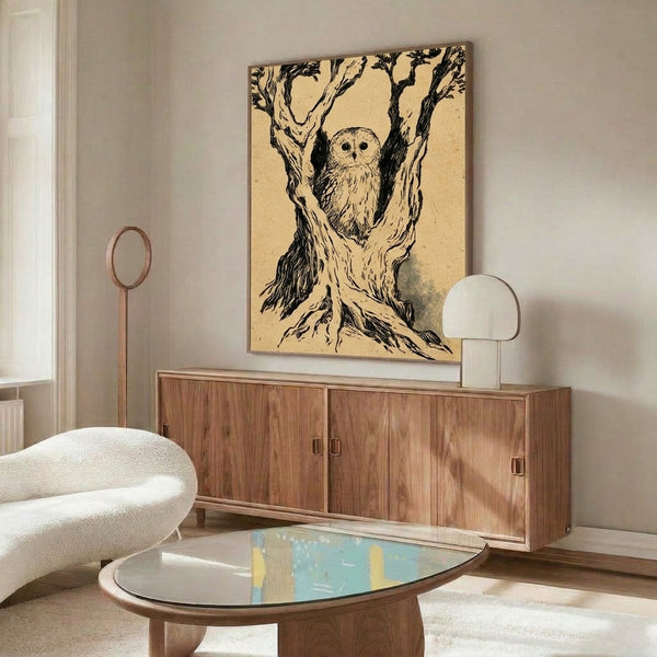Contemplative wall art featuring a tawny owl perched on a gnarled tree rendered in vintage black line art technique with naturalistic, detailed linework on tan-cream ground.